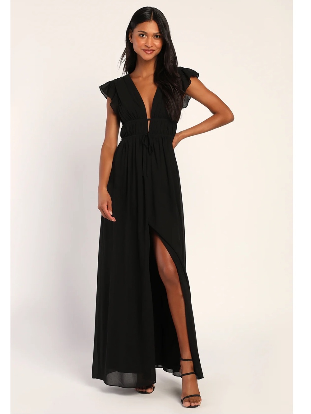 Lulus I’m All Yours Black Ruffled V-Neck Chiffon Front Slit Maxi Dress Event L